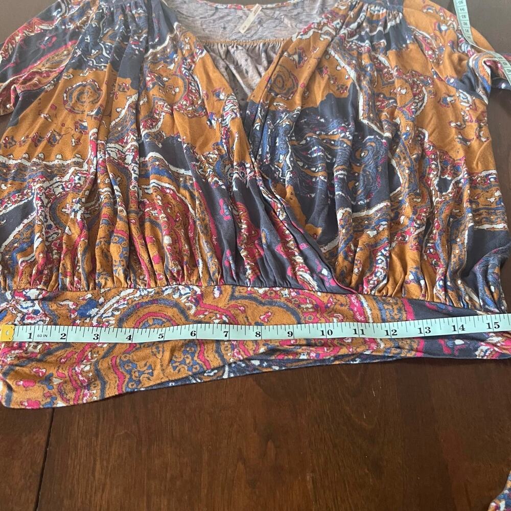 Free People Boho Faux Wrap Tie Waist Bell Sleeve Top In Golden Combo Size M - Picture 12 of 12